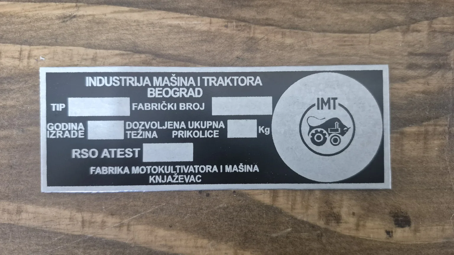 IMT Knjaževac identifikaciona pločica